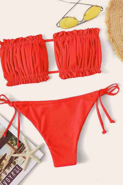 Angelsin - Angelsin Brezilya Model Büzgülü Bağlamalı Bikini Altı Kırmızı (1)