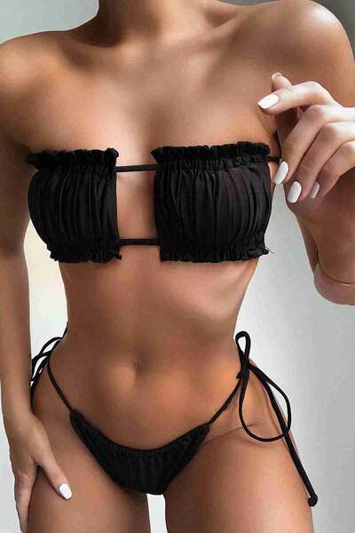 Siyah Angelsin Brezilya Model Büzgülü Bağlamalı Bikini Altı