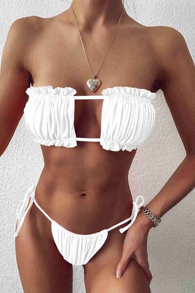 Beyaz Angelsin Brezilya Model Büzgülü Bağlamalı Bikini Takım