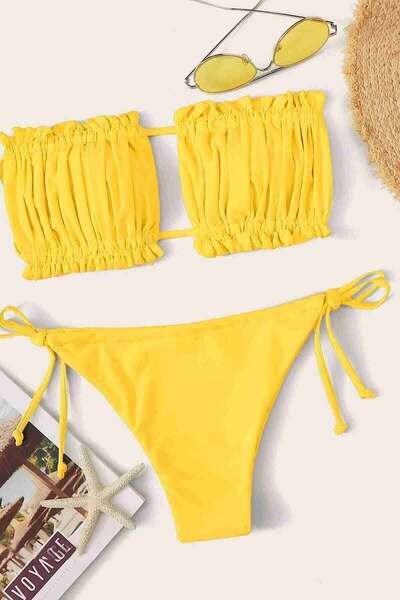 Sarı Brezilya Model Büzgülü Bağlamalı Bikini Takım