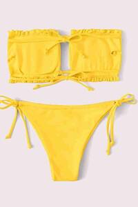 Sarı Brezilya Model Büzgülü Bağlamalı Bikini Takım - Thumbnail