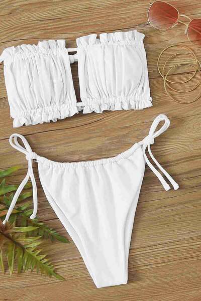 Angelsin - Angelsin Brezilya Model Büzgülü Bağlamalı Bikini üstü Beyaz (1)