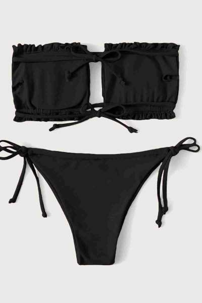 Siyah Angelsin Brezilya Model Büzgülü Bağlamalı Bikini üstü