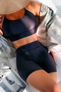 Siyah Angelsin Deniz Şortlu Sırtı Çapraz Tankini Bikini Takım - Thumbnail