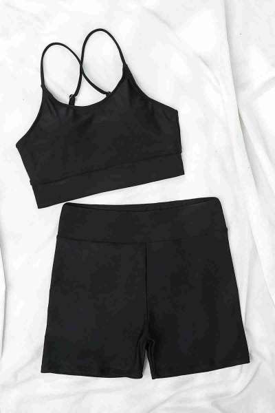 Siyah Angelsin Deniz Şortlu Sırtı Çapraz Tankini Bikini Takım