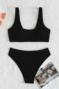 Siyah Angelsin Özel Fitilli Kumaş Yüksek Bel Tankini Bikini Takım - Thumbnail
