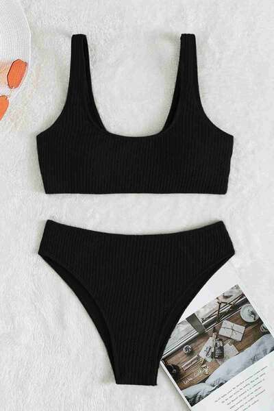 Siyah Angelsin Özel Fitilli Kumaş Yüksek Bel Tankini Bikini Takım
