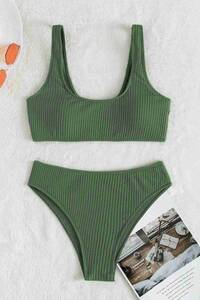 Yeşil Angelsin Özel Fitilli Kumaş Yüksek Bel Tankini Bikini Takım - Thumbnail