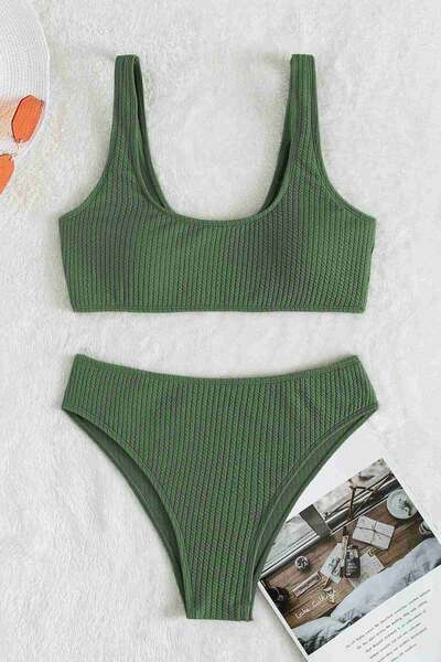 Yeşil Angelsin Özel Fitilli Kumaş Yüksek Bel Tankini Bikini Takım