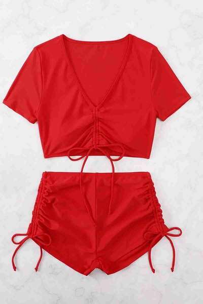 Angelsin - Angelsin Özel tasarım Yarım Kol Büzgü Detaylı Bikini Takım Kırmızı (1)
