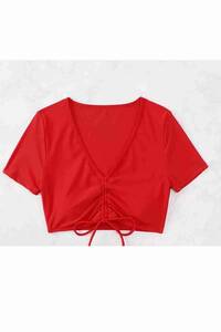 Angelsin Özel tasarım Yarım Kol Büzgü Detaylı Bikini Üstü Kırmızı - Thumbnail
