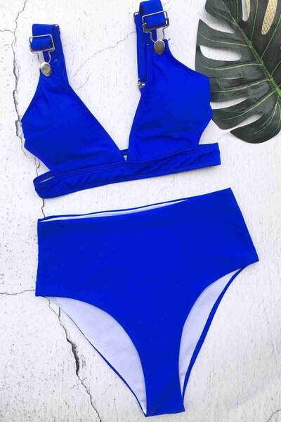 Angelsin - Angelsin Mavi Özel Tasarım Yüksek Bel Bikini Takım (1)