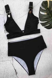 Angelsin Siyah Özel Tasarım Yüksek Bel Bikini Takım - Thumbnail