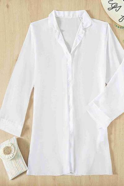Angelsin Beyaz Şifon Gömlek Plaj Elbisesi Pareo Kimono Kaftan