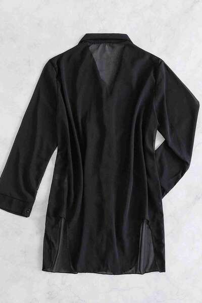 Siyah Şifon Gömlek Plaj Elbisesi Pareo Kimono Kaftan