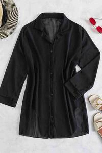 Siyah Şifon Gömlek Plaj Elbisesi Pareo Kimono Kaftan - Thumbnail
