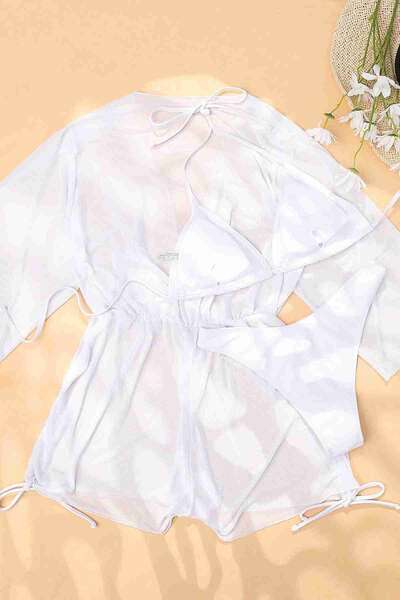 Angelsin - Angelsin Şifon Pareo Plaj Elbisesi Cover Up Kimono Beyaz (1)