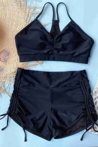 Siyah Yanlardan Ayarlı Büzgülü Deniz Şortlu Bikini Tankini - Thumbnail