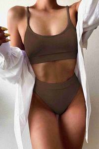 Kahverengi Angelsin Yüksek Bel Fitilli Kumaş Tankini Bikini Takım - Thumbnail