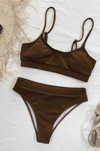 Kahverengi Angelsin Yüksek Bel Fitilli Kumaş Tankini Bikini Takım - Thumbnail