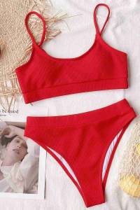 Angelsin Yüksek Bel Fitilli Kumaş Tankini Bikini Takım Kırmızı - Thumbnail