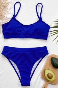 Saks Mavi Angelsin Yüksek Bel Fitilli Kumaş Tankini Bikini Takım - Thumbnail