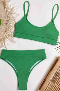 Yeşil Angelsin Yüksek Bel Fitilli Kumaş Tankini Bikini Takım - Thumbnail