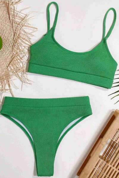 Yeşil Angelsin Yüksek Bel Fitilli Kumaş Tankini Bikini Takım