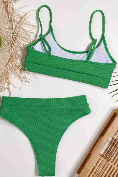 Yeşil Angelsin Yüksek Bel Fitilli Kumaş Tankini Bikini Takım
