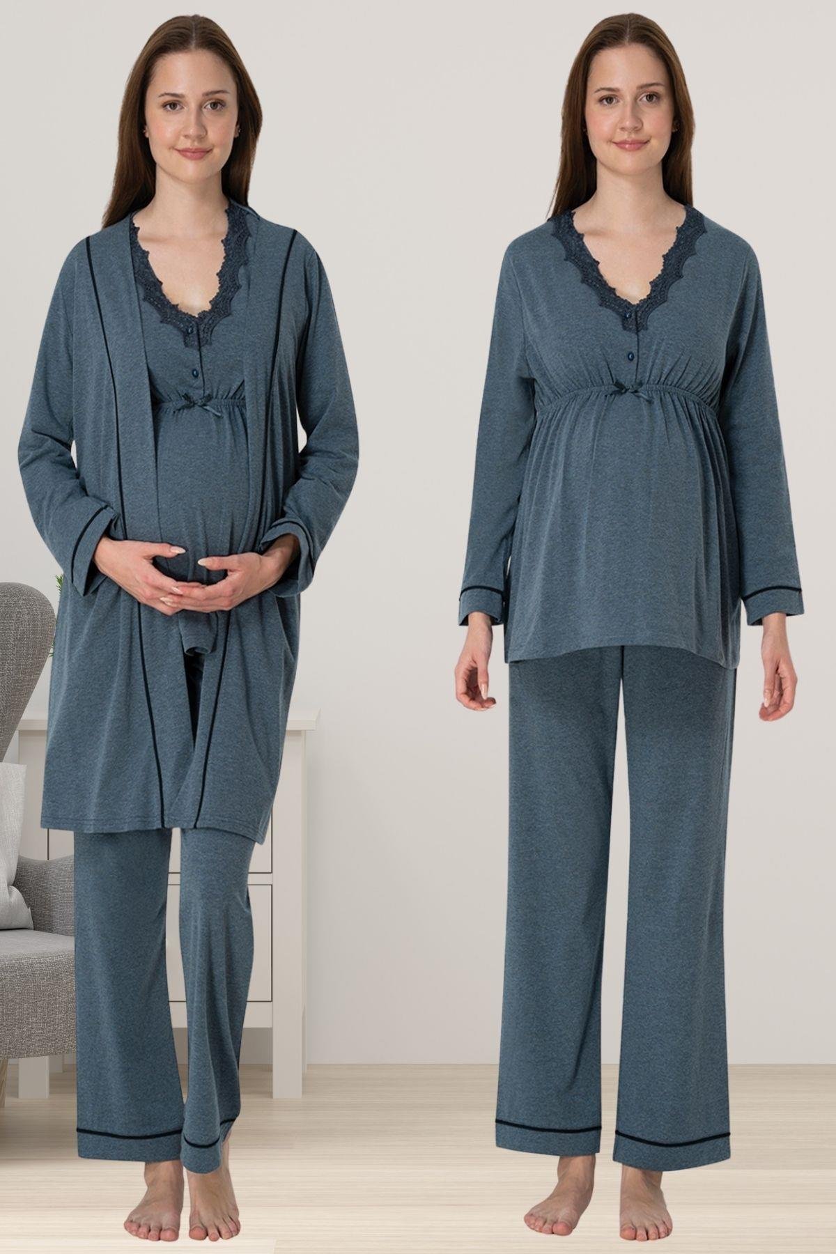 Antrasit Dantel Detaylı Sabahlıklı Hamile Lohusa Pijama Takımı