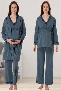 Effortt - Antrasit Dantel Detaylı Sabahlıklı Hamile Lohusa Pijama Takımı