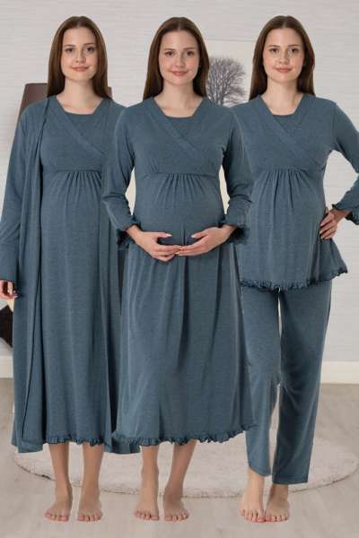 Effortt - Antrasit Gizli Emzirme Özellikli Sabahlıklı Gecelik Pijama Takımı 4 Lü Set