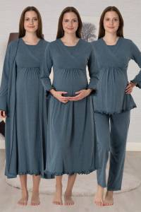 Effortt - Antrasit Gizli Emzirme Özellikli Sabahlıklı Gecelik Pijama Takımı 4 Lü Set