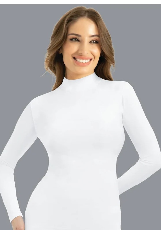 Q-EN - Beyaz Bambu Balıkçı Yaka Uzun Kollu Body Atlet