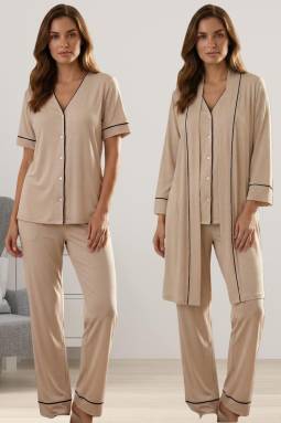 Effortt - Bej Rahat Kesim Sabahlıklı Hamile Lohusa Pijama Takımı