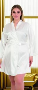 Beyaz Bride İşlemeli Saten Büyük Beden Sabahlık - Thumbnail