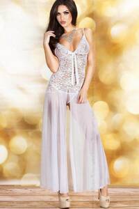 Beyaz Fantazi Uzun Yırtmaçlı Dantel Gecelik Takım - Thumbnail