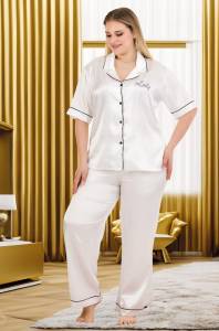 Lady - Beyaz Saten Büyük Beden Kısa Kollu Pijama Takımı