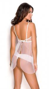 Beyaz Seksi Transparan Dekolte Gecelik Takım - Thumbnail