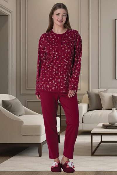 Bordo %100 Pamuk Büyük Beden Kadın Pijama Takımı