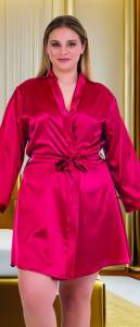 Bordo Bride Saten Büyük Beden Sabahlık - Thumbnail