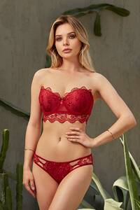 Nurteks - Destekli Straplez Dantelli Sütyen Külot Takım