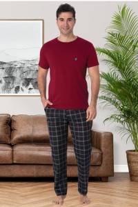 Mecit Pijama - Bordo Ekoseli Erkek Büyük Beden Pijama Takımı