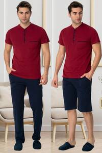 Bordo Kısa Kollu Erkek Pijama Şort 3lü Takımı - Thumbnail