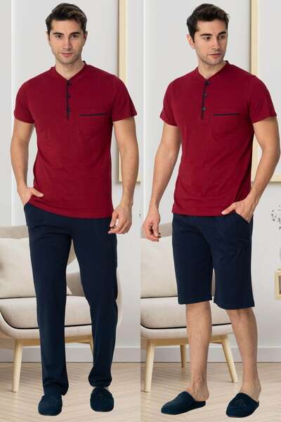 Bordo Kısa Kollu Erkek Pijama Şort 3lü Takımı