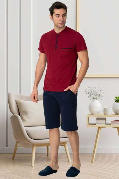 Bordo Kısa Kollu Erkek Pijama Şort 3lü Takımı