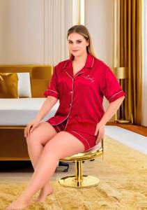 Lady - Bordo Kısa Kollu Saten Büyük Beden Şortlu Pijama Takımı (1)