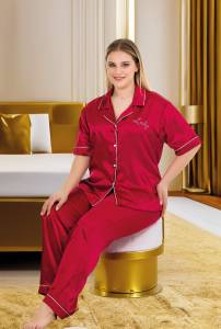 Lady - Bordo Saten Büyük Beden Kısa Kollu Pijama Takımı