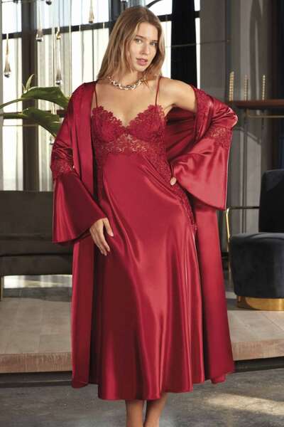 Bordo Saten Dantelli Gecelik ve Sabahlık Takım