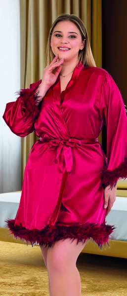 Bordo Tüylü Bride Büyük Beden Sabahlık